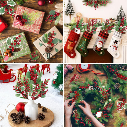 MEMOVAN Christmas Picks and Sprays Artificial Pine Needles Branches Berries Red Stems with Red Berry Pinecone Holly Xmas Floral Picks for Crafts Flower Arrangement Wreath Holiday Xmas Tree Decor-12PCS
