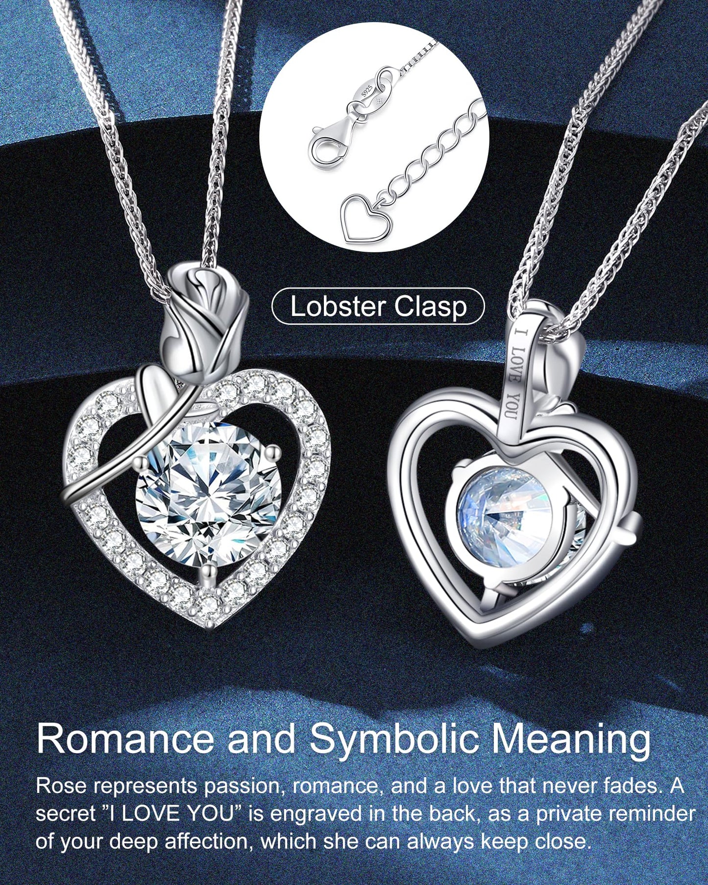 N9NEMUSES Rose Heart Pendant Necklace for Wife, 3CT Moissanite 925 Sterling Silver Necklace, Wedding Anniversary Birthday Christmas Valentines Day Jewelry Gifts for Wife Girlfriend Mom Daughter