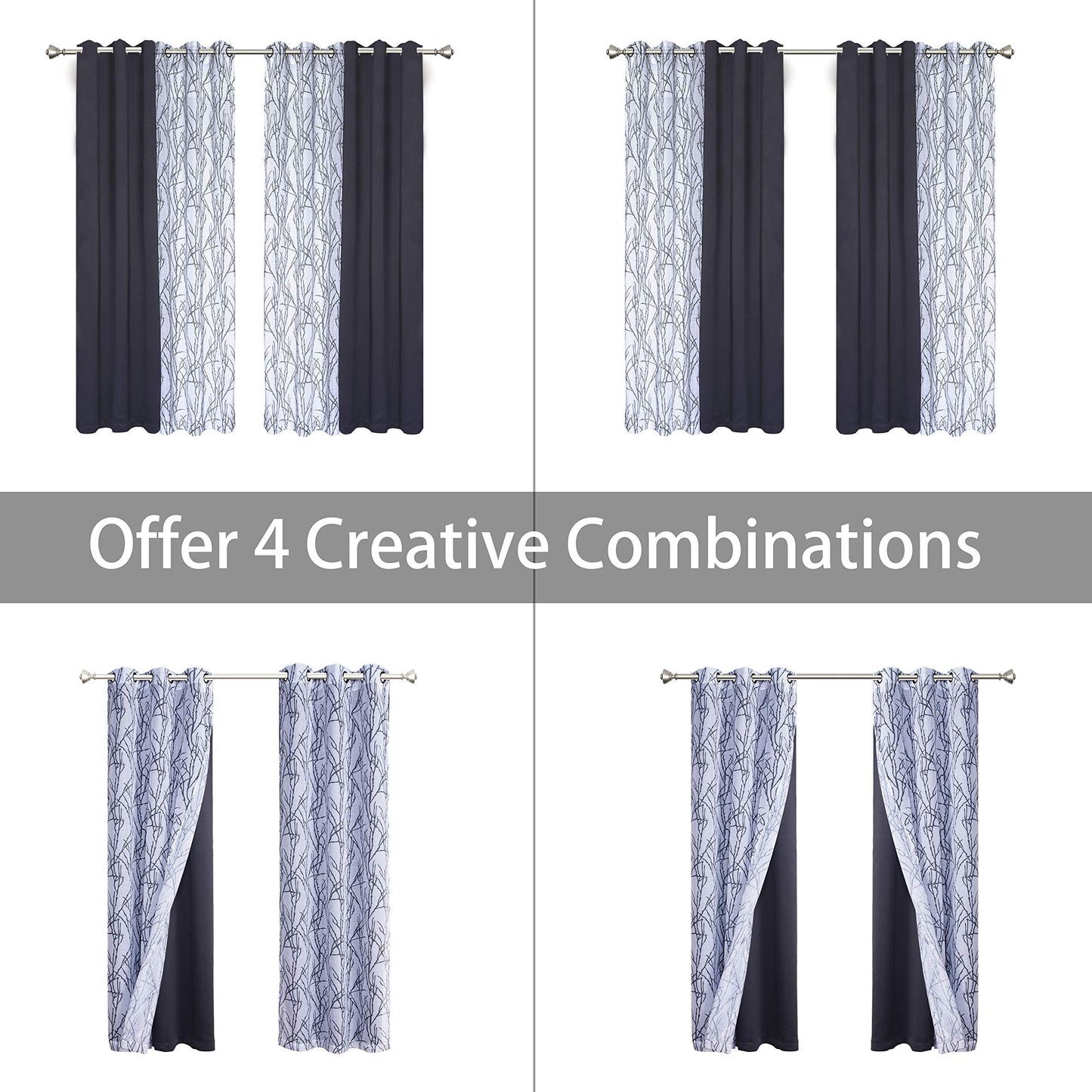 BONZER Mix and Match Curtains - 2 Pieces Branch Print Sheer Curtains and 2 Pieces Blackout Curtains for Bedroom Living Room Grommet Window Drapes, 37x95 Inch/Panel, Grey Dark, Set of 4 Panels