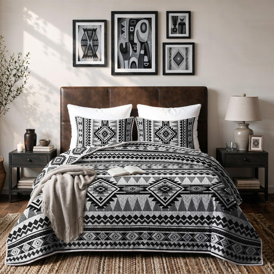 akkialla Reversible Black Boho Queen Quilt Set, 2-Piece Bohemian Aztec Microfiber Bedspread, Soft Lightweight All-Season Coverlet (1 Quilt, 2 Shams)