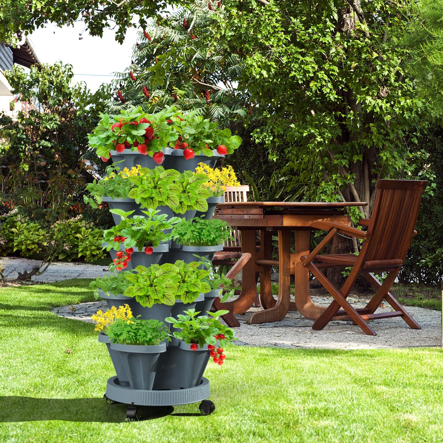 Tectsia Strawberry Vertical Planter Tower Garden, 7 Tiered Stackable Planter Herb Garden Planter with Movable Casters and Bottom Saucer Indoor and Outdoor - Dark Grey