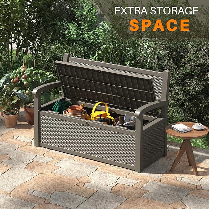 80 Gallon Outdoor Storage Box, Resin Patio Furniture with Armrest, Lockable Deck Box with Waterproof and UV Resistant for Patio Cushions, Garden Tools and Pool Supplies, Grey