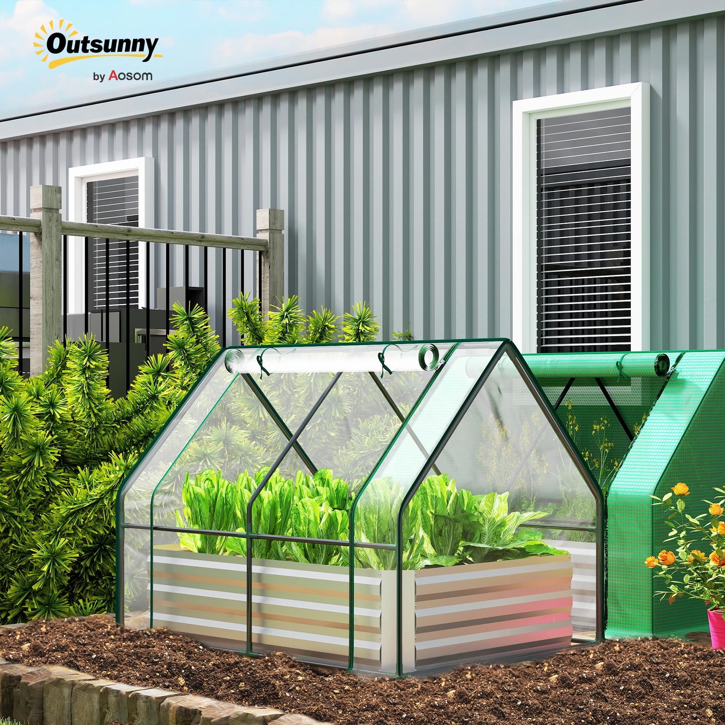 Outsunny 4 x 3 x 3ft Raised Garden Bed with Mini Greenhouse, Galvanized Raised Garden Bed with Cover for Herbs and Vegetables, Small Greenhouse for Patio Garden Balcony, Clear and Gray