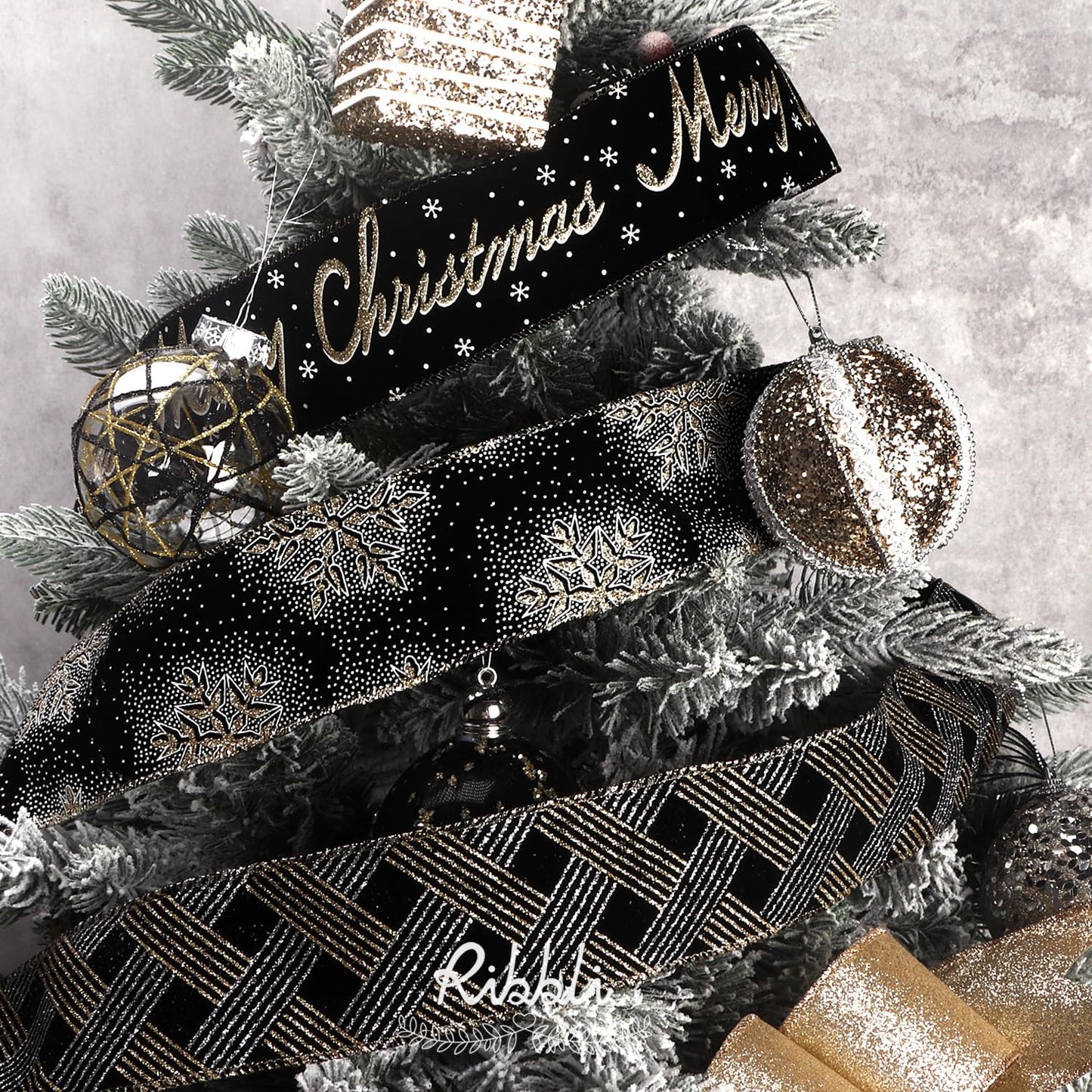 Ribbli Christmas Ribbon Wired Black Champagne Christmas Tree Ribbon Snowflake Glitter Wired Ribbons for Tree Topper Bow Crafts Gift Wrapping Wreaths Garland Home Decor -2.5 Inchx6 Rolls Total 36Yard