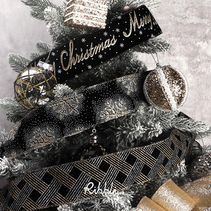 Ribbli Christmas Ribbon Wired Black Champagne Christmas Tree Ribbon Snowflake Glitter Wired Ribbons for Tree Topper Bow Crafts Gift Wrapping Wreaths Garland Home Decor -2.5 Inchx6 Rolls Total 36Yard