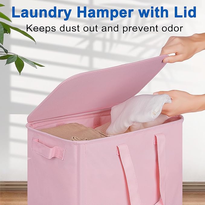 Slim Laundry Hamper with Lid and Wheels, Small Rolling Laundry Basket with