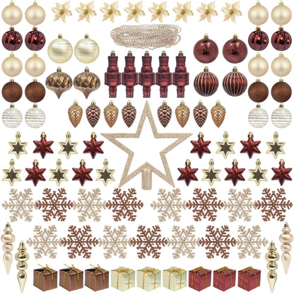 ITART 101pcs Christmas Tree Ornaments Assortment Burgundy Brown Champagne Gold Including Star Tree Topper Balls Nutcracker Figurines Snowflakes Poinsettia Flowers Bead Garland for Christmas Tree Decor