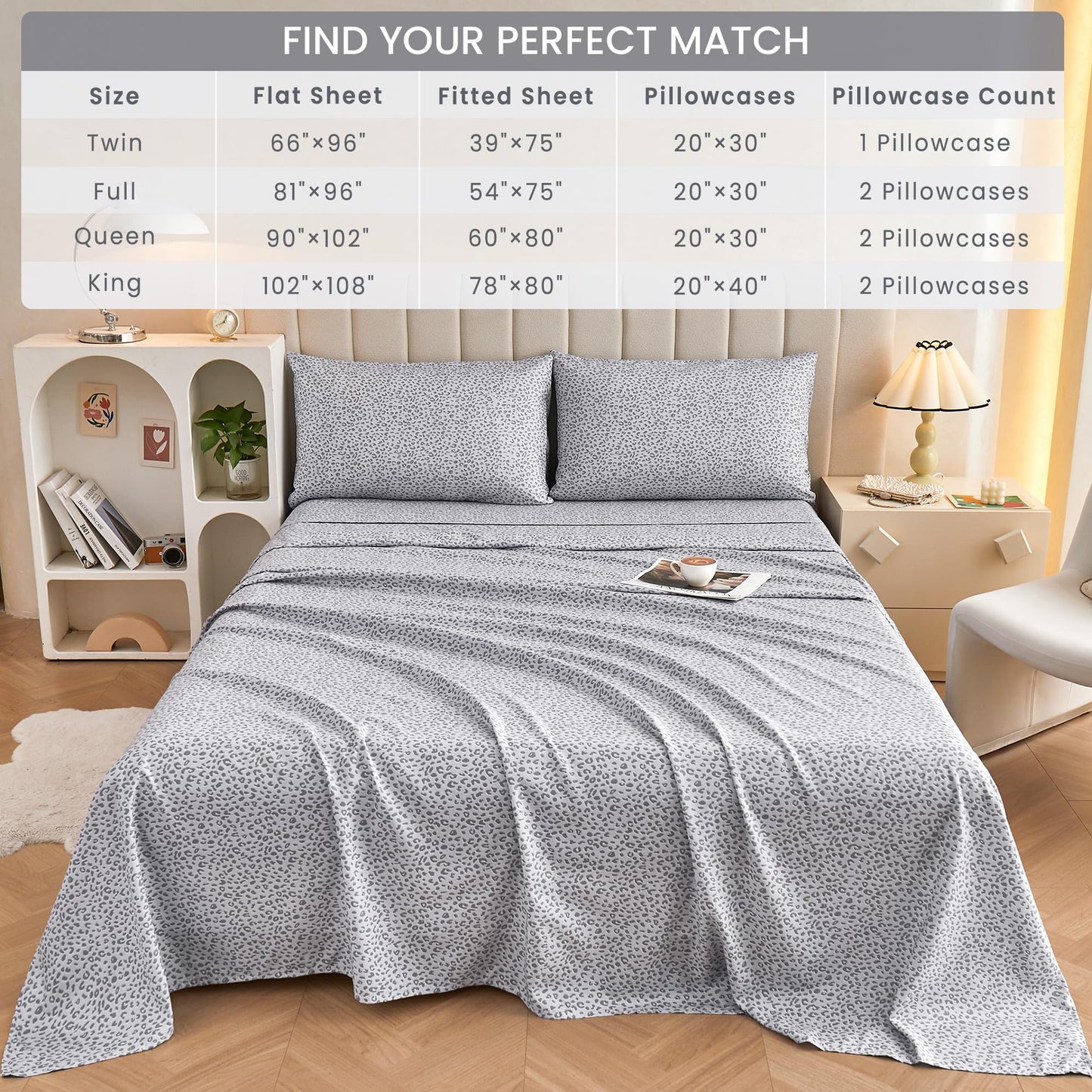 Mooreeke Leopard Cheetah Printed Queen Bed Sheets, Soft Microfiber Bedding Sheets & Pillowcases, Deep Pocket Non-Slip Fitted Queen Sheet, Silver Grey Animal Pattern Bedsheets