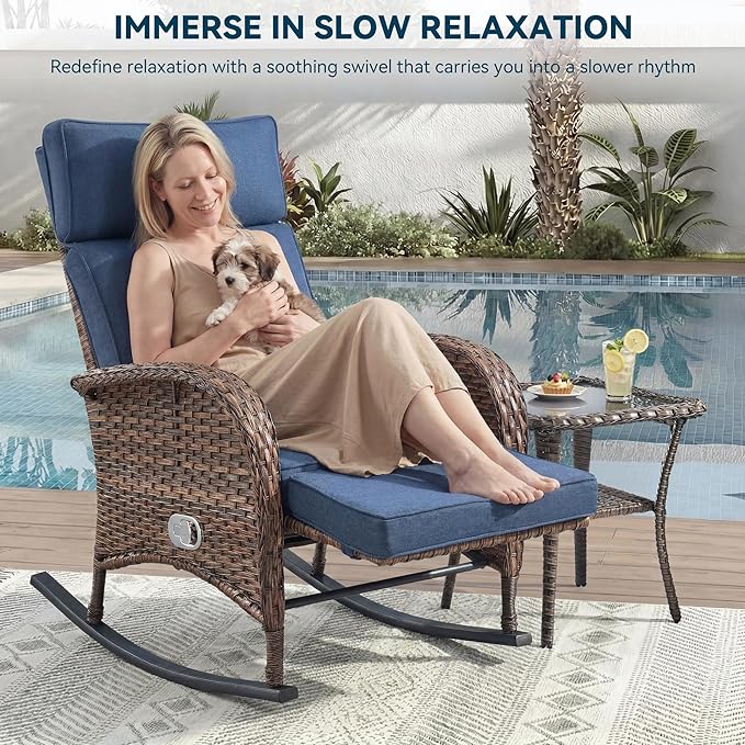 Zero Gravity Patio Rocking Wicker Recliner Chair - Wicker Outdoor Lounge Chair with Adjustable Backrest & Footrest, All Weather Reclining Rocker Chairs with Thick Cushion for Pool Deck Blue