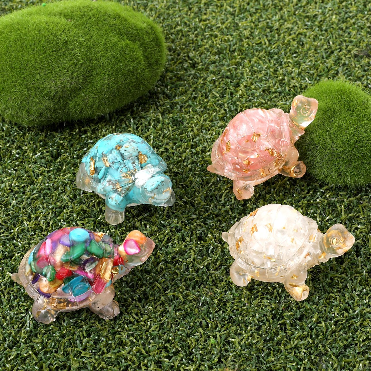 EupHHonycs 4Pcs Crystal Turtle Mini Handmade Crystal Turtle Sea Mini Resin Turtles for Home Office Fish Tank Colorful Healing Crystals Animal Statue Desk Shelf or Meditation Space