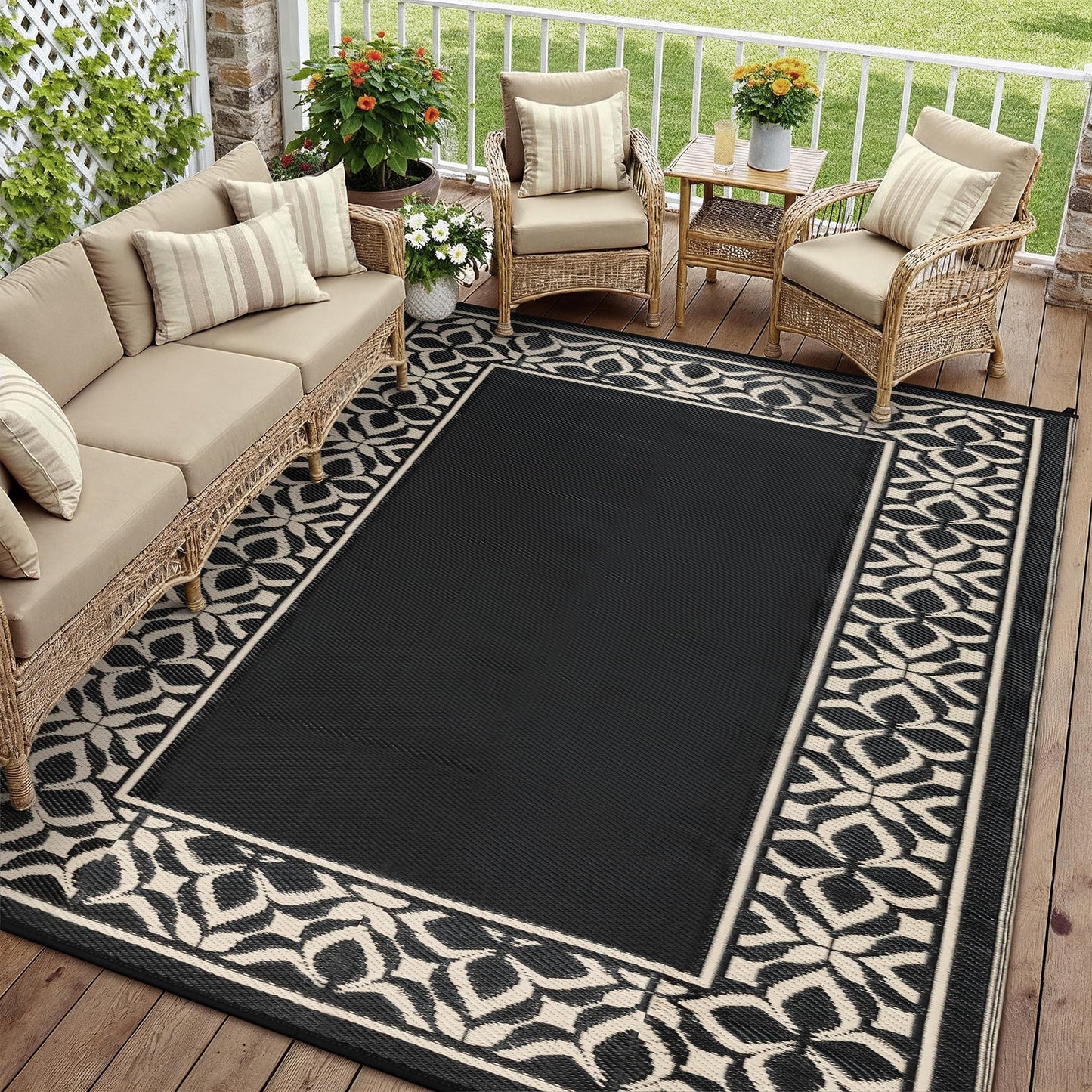 PureCozy Outdoor Plastic Straw Rug Black Beige Large Outside Waterproof Outdoor Patio 10x14 Carpet Geometric Reversible Mat Modern for Camping RV Porch Deck Balcony Beach