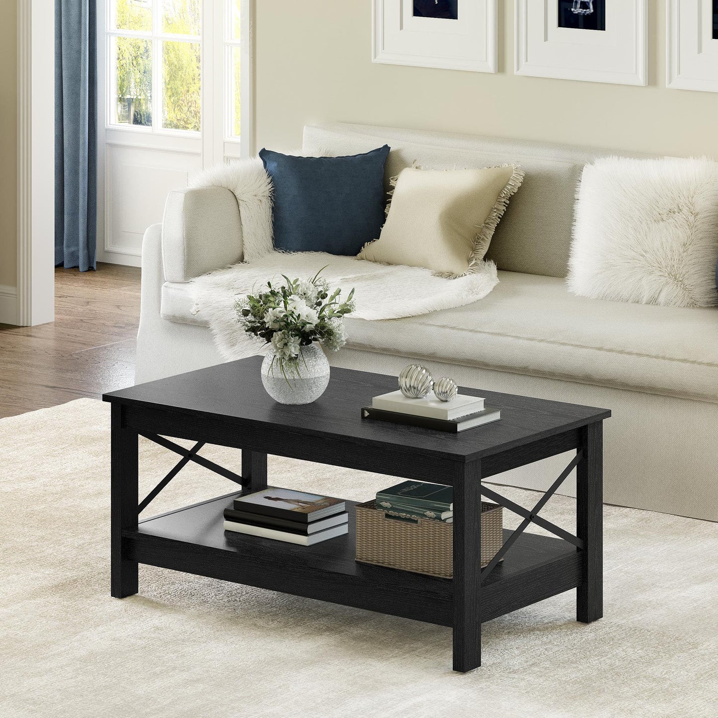 YITAHOME Coffee Table for Living Room, Modern Farmhouse Coffee Table with Storage, 2-Tier Center Table Wood Living Room Table Accent Cocktail with Sturdy Frame, Black