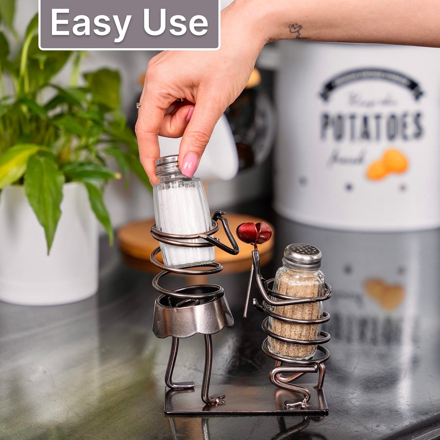 Made Easy Kit Salt and Pepper Couple Glass Shaker Set and Rack - Includes 2 Spice Jars (Couple & Rose)