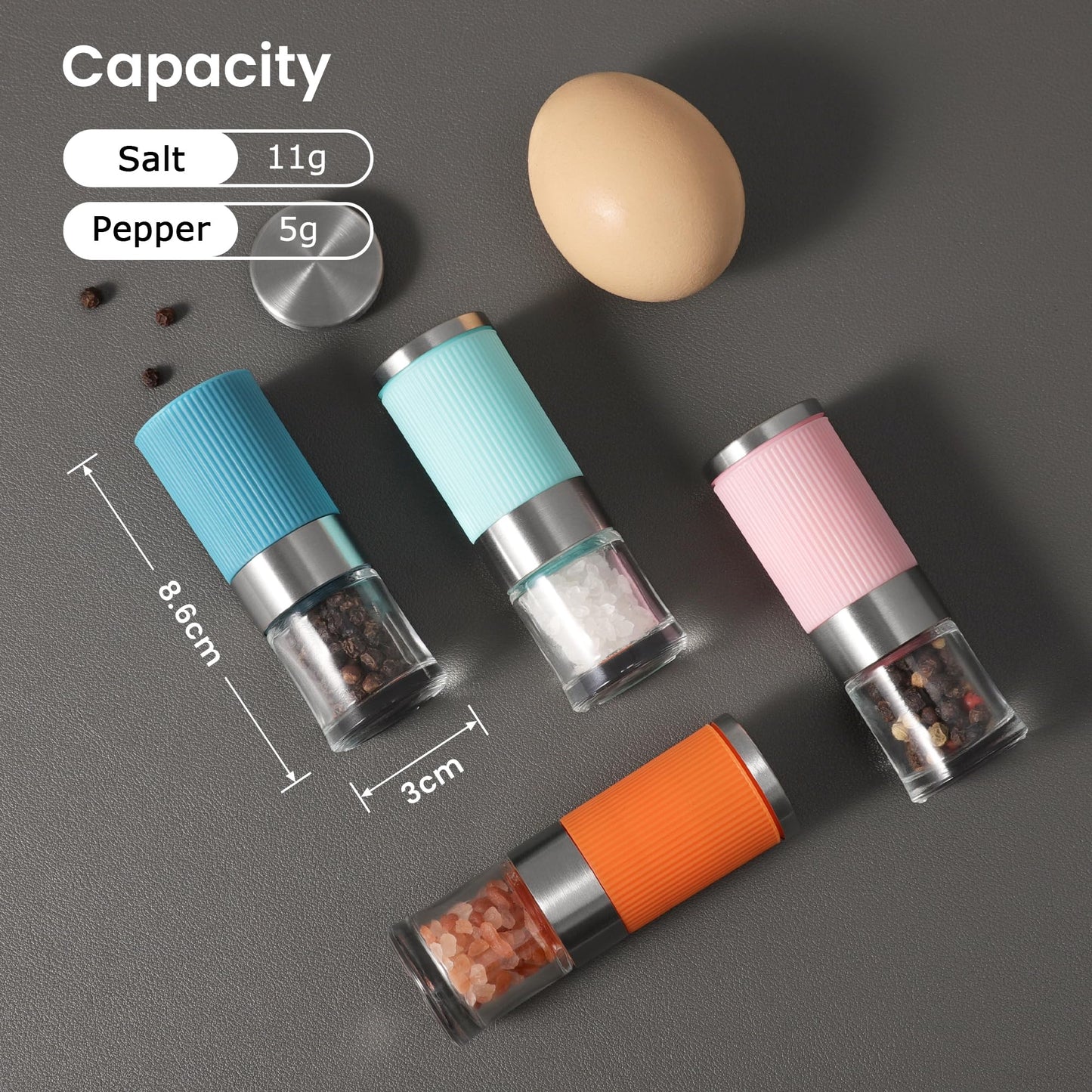 VEVOK CHEF Small Salt and Pepper Grinder 4Pcs Portable Mini Glass Salt Spices Grinder Ceramic Salt Black Pepper Shakers Tiny Pepper Mill Salt Grinder for Travel Lunch Box Kitchen Gift