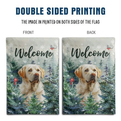 Welcome Winter Garden Flags White Lab Garden Flag Cardinal Birds on Snowy Pine Tree Flag Labrador Dog Yard Flags for Outside 12x18 Double Sided Christmas Decorative Lawn Flags
