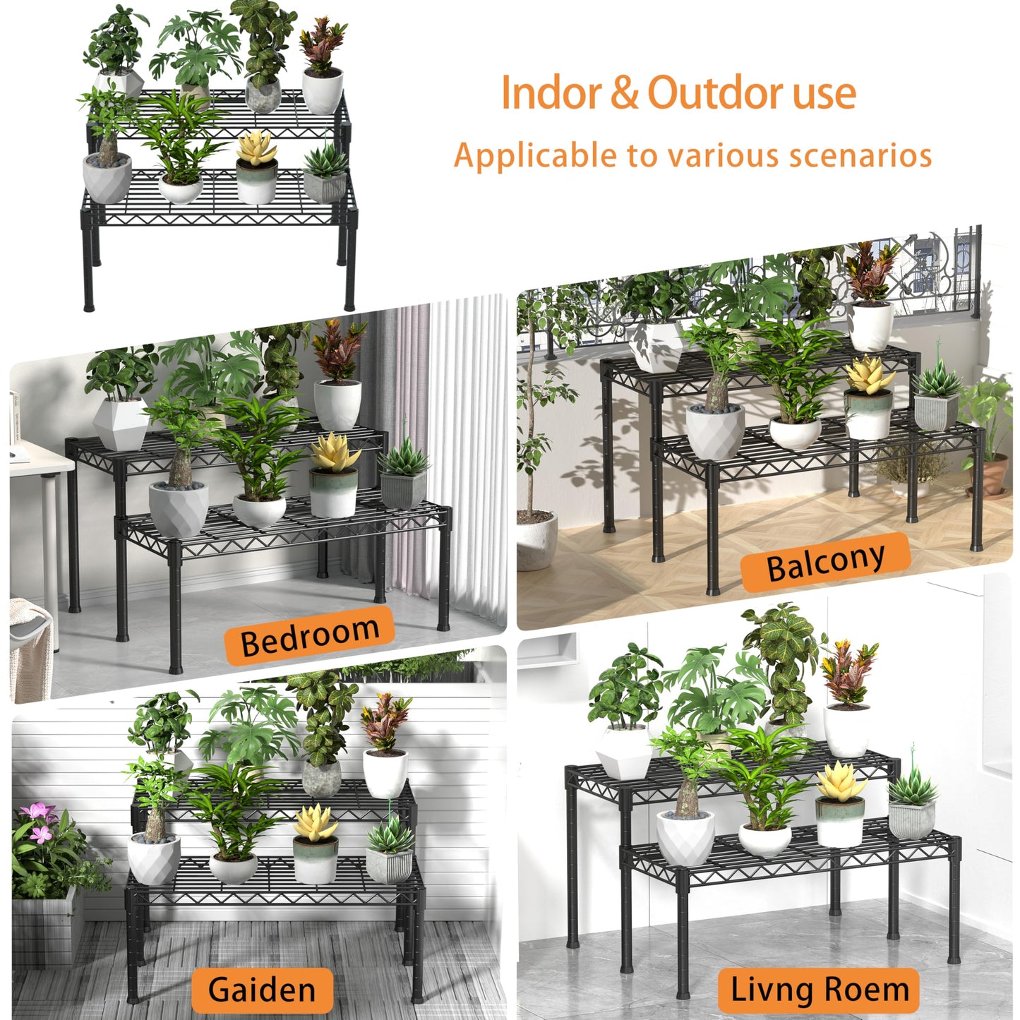 Xiofio 2 Tier Ladder Potted Multiple Plants for Indoor and Outdoor Plant Stands, Adjustable Shelves and Multifunctional Plant Racks suitable for living room balconies and gardens,(Black)