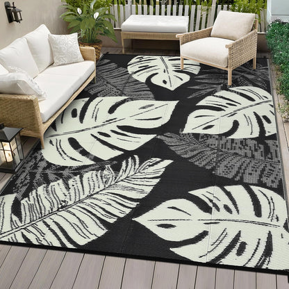 MilleLoom Waterproof Plastic Straw Outdoor Rug 9x18 Patio Reversible UV Resistant Foldable Camping Carpet Modern Leaf Print Large Outdoor Rugs for Deck, Porch, Camper, Balcony, Beach，Black/Beige