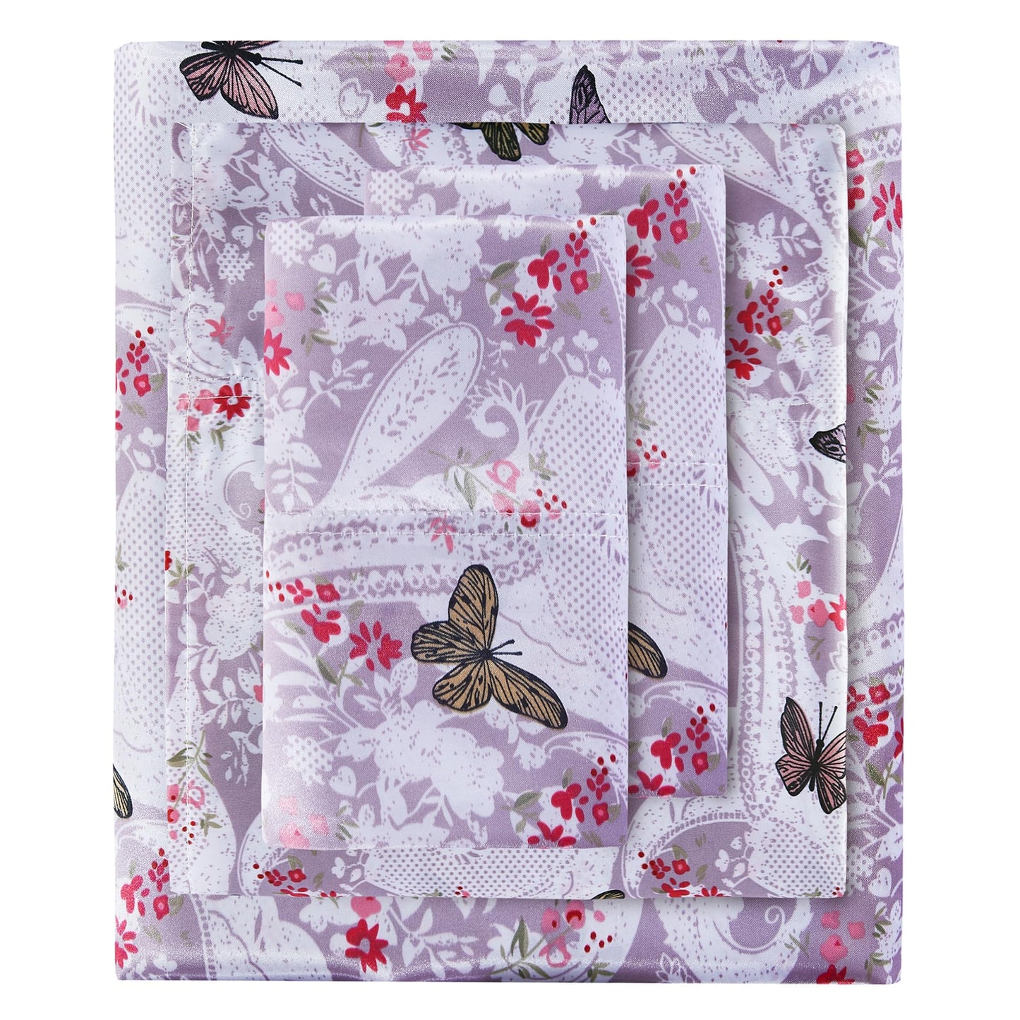 lasoftan Paisley Floral Satin Sheets King, Silky Butterfly Printed Fitted Bed Sheet with 15" Deep Pocket & Non-Slip Straps, Luxury Hotel Satin Summer Cooling Sheets & Pillowcase Set, Purple