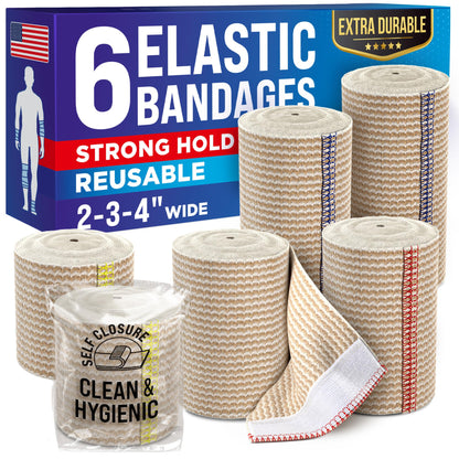 High-Performance Elastic Bandage Wrap - 6 Pack (2x2in, 2x3in, 2x4in) - Self-Closing Strong Compression Bandage Wrap for Leg, Ankles, Wrists, and Knees - for First Aid Kit and After Surgery Recovery