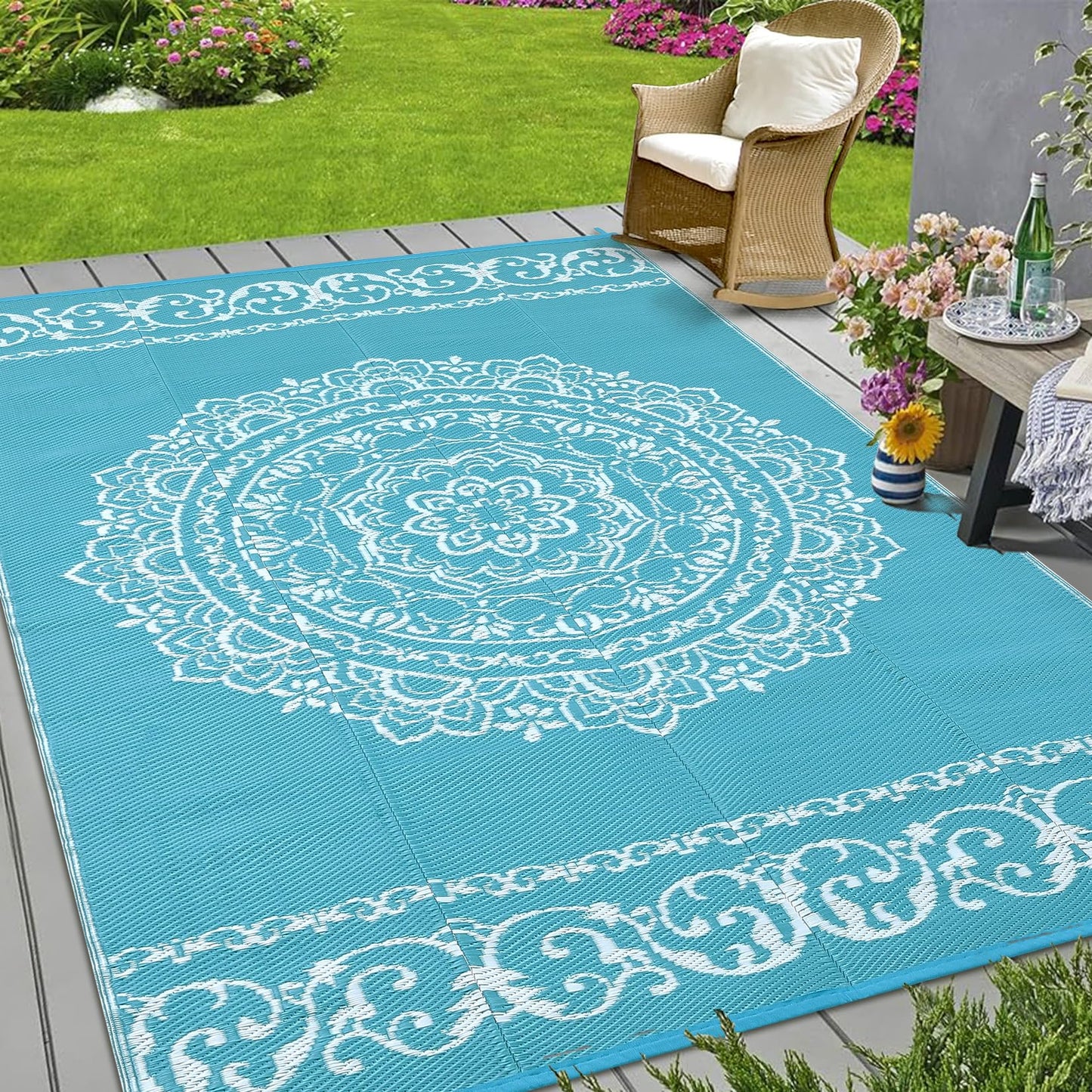 GlowSol Outdoor Rug 9x18 ft, Reversible Waterproof Outdoor Plastic Straw Rug, Oriental Medallion Patio Rug, Large Outdoor Carpet, RV Mat Outside for Patio, Camp, Picnic, Balcony, Deck, Backyard,Blue