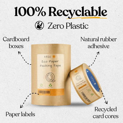 Koju Kraft Paper Packing Tape 48mm x 50m | 3 pack | Eco Friendly & Recyclable Brown Paper Tape for Parcel Packing & Picture Framing