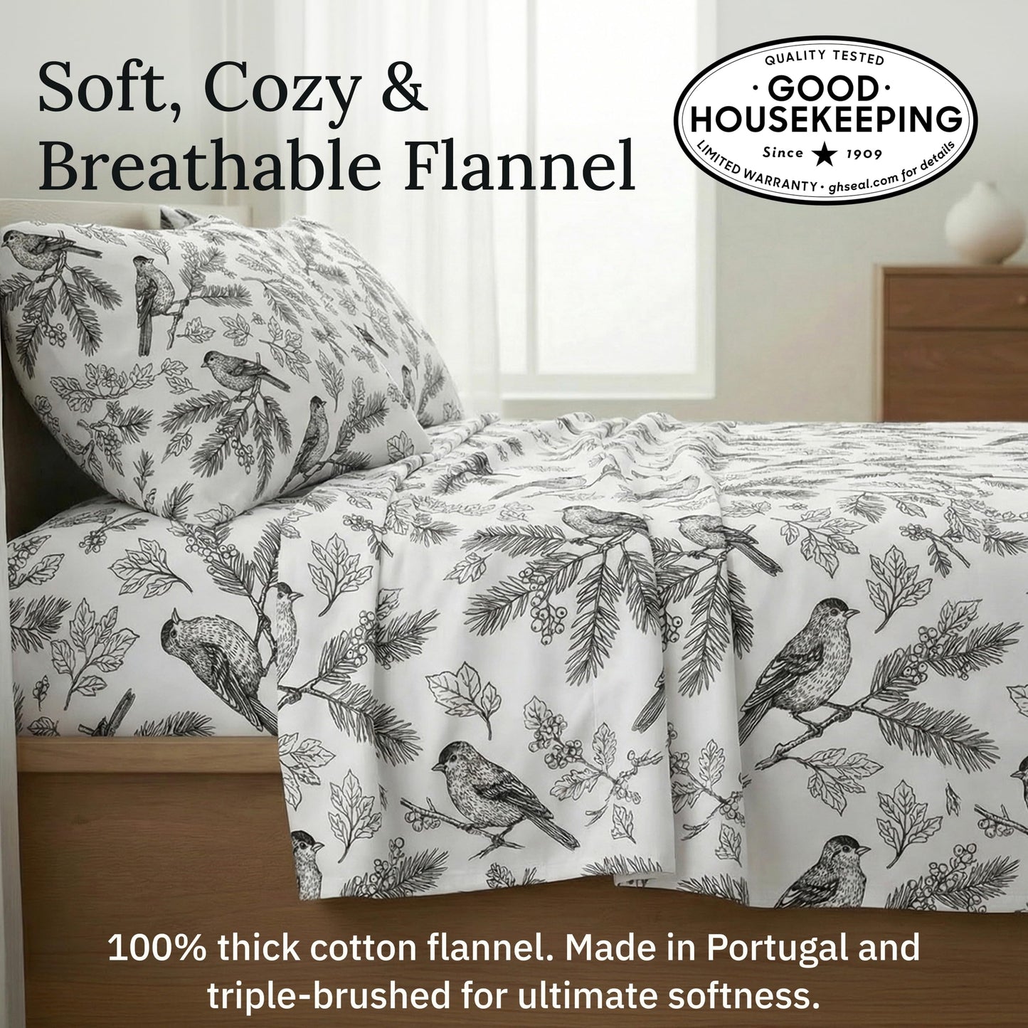 California Design Den Flannel Full Sheet Set - Made in Portugal 100% Cotton, Thick, Velvet Soft 4-Piece Bed Sheets Set, Triple-Brushed with Extra Deep Pockets - Winter Birds
