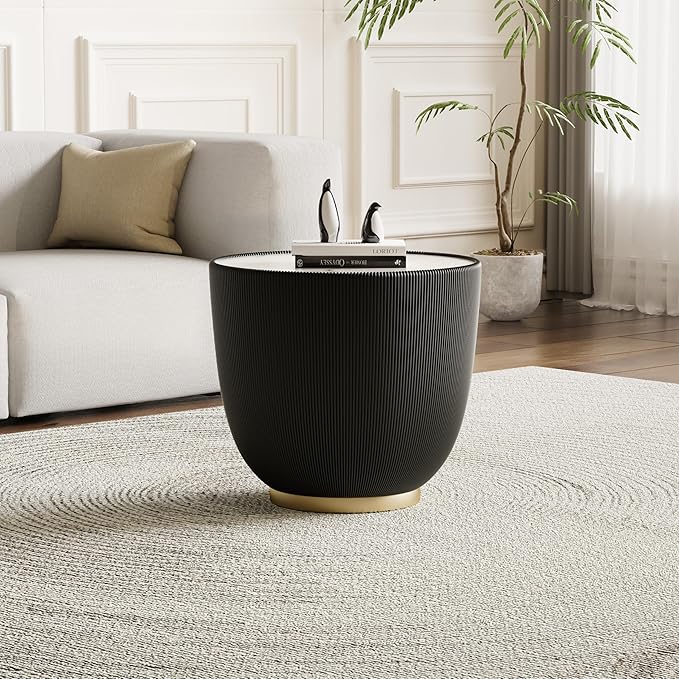Black Round Side Table, 19.7" Faux Marble Fluted End Table