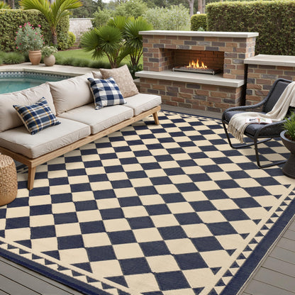 HUGEAR Outdoor Waterproof Rug 10'x14' Plastic Straw Rugs Washable Reversible Floor Mat Beige Plaid Carpet for Camping RV Deck Entryance Porch Picnic Balcony Beach Backyard