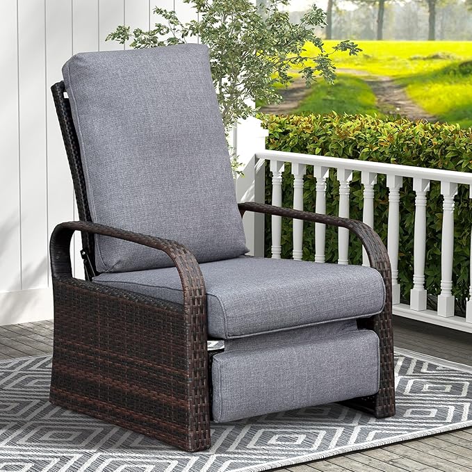 ATR ART TO REAL Outdoor Wicker Recliner Chair with 5.5'' Cushions, Automatic Adjustable Patio Chaise Lounge Chairs, Aluminum Frame Reclining Chair, UV Resistant, Rustless (Grey)
