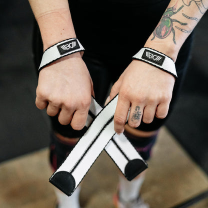 WARM BODY COLD MIND V1 Lifting Wrist Straps for Olympic Weightlifting - Rated at 660 lb - Hand Wraps for Powerlifting, Weight Lifting, Bodybuilding Functional/Cross Training, Deadlift Gym Bar, Cotton (White)