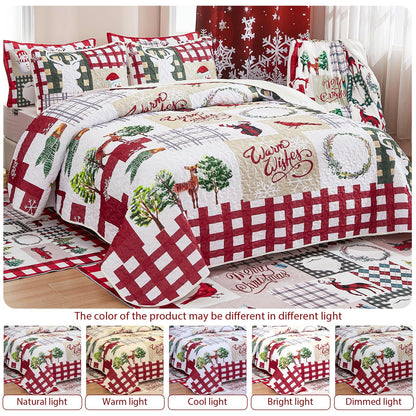 WONGS BEDDING Christmas Quilt Set King Rustic Christmas Tree Snowman Cardinal Holiday Wreath Pattern Bedding Solid Bedspread Coverlet with 2 Pillow Shams for All Season, Soft Microfiber Quilt 103"x90"