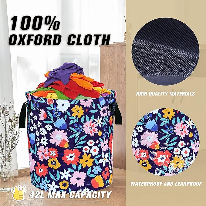 Folk Floral Art Laundry Basket Beautiful Flowers Foldable Oxford Cloth Funny