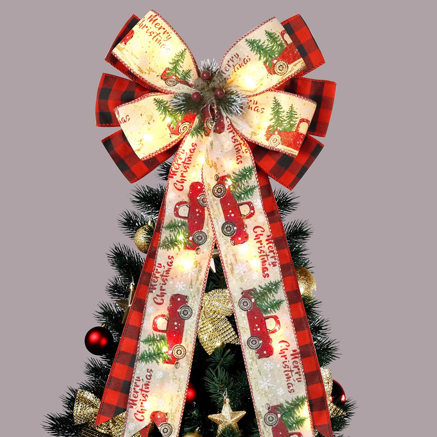 Christmas Tree Topper Bow with 30 LED Lights Decorations, 13”x25” Xmas Large Red Black Buffalo Plaid Rustic Farmhouse Wreath Bows with Truck Berries Pine Cones Pine Needles for Front Door Outdoor