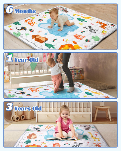 Funsland Baby Play Mat, Foldable Kids Playmat, Cotton Baby Play Mats for Floor, 127x127cm Soft Baby Crawling Mat Pollution-Free, Non-Slip Baby Activity Play Mat for Toddlers 1 2 3 Years Old, Animal