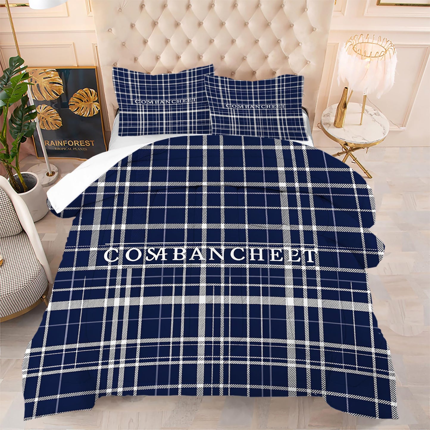 VTKON Navy Blue Plaid Comforter Set for Boys Full Size, Classic Preppy Check Bedding Set for Boys Teens, Timeless Navy and White Bed Sets for Dorm with 2 Pillowcases