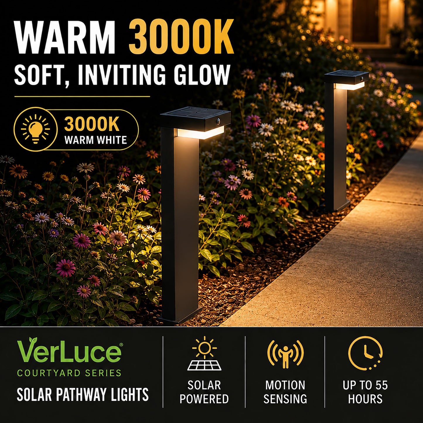 VerLuce - 20.5" Solar Pathway Lights - Walkway Solar Lights for Outside - PIR Sensor & Two Lighting Modes - Rechargeable Battery Lasts Up to 55 Hours - 3000K - IP44 Weather Resistant - 4 Pack
