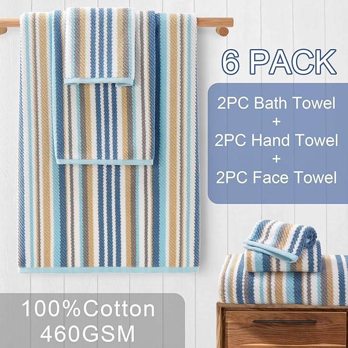 Striped Towels Set, 2 Bath 28"x52", 2 Hand 16"x27", 2 Face 13"x13", Luxury Bath