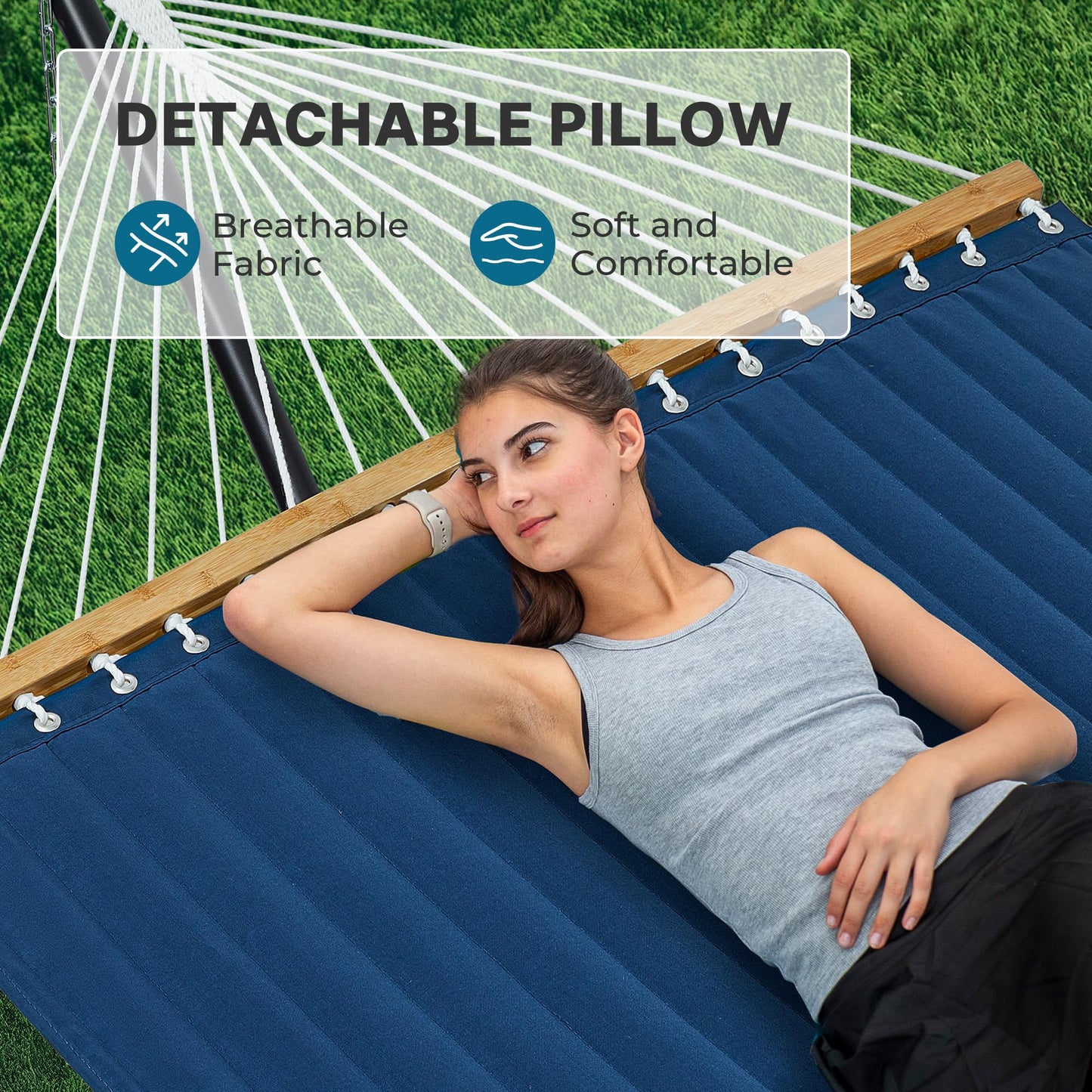 SUPERJARE Hammock with Stand, 2 Person Quilted Outdoor Hammock, Detachable Pillow & Bamboo Spreaders, Portable Hammock with Carrying Bag, Heavy Duty Stand, Perfect for Outside, Patio, Navy Blue