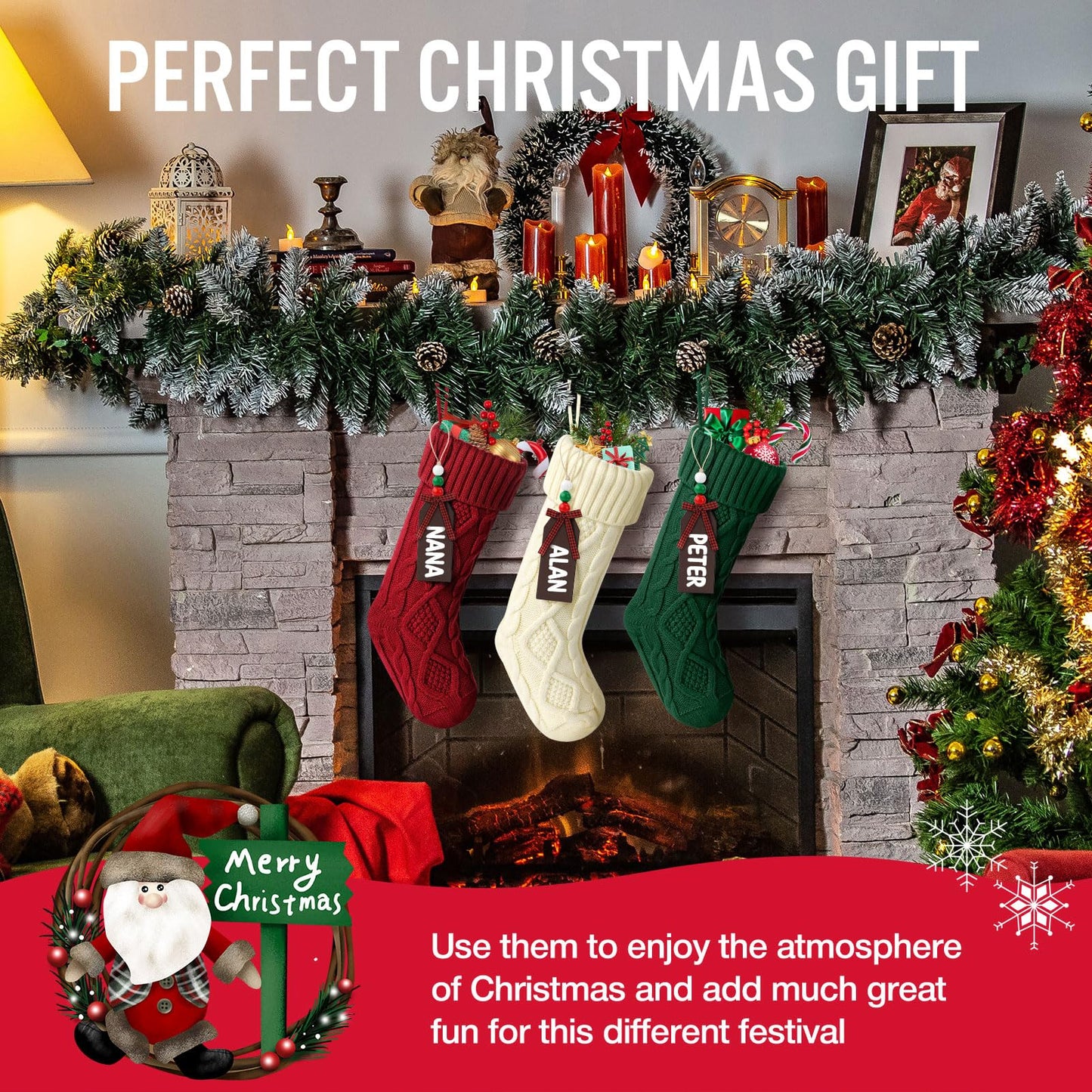 Hommtina Christmas Stockings, Personalized Christmas Stockings 18 Inches Large Size Cable Knitted Stocking Gifts (1pcs red)