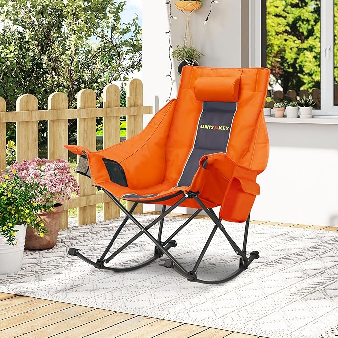 Oversized Rocking Camping Chair with Headrest & Cup Holder - 400lbs Capacity, 600D Oxford Fabric, Easy Fold Portable Outdoor Rocker Chair for Camping, Backyard, Beach, Orange