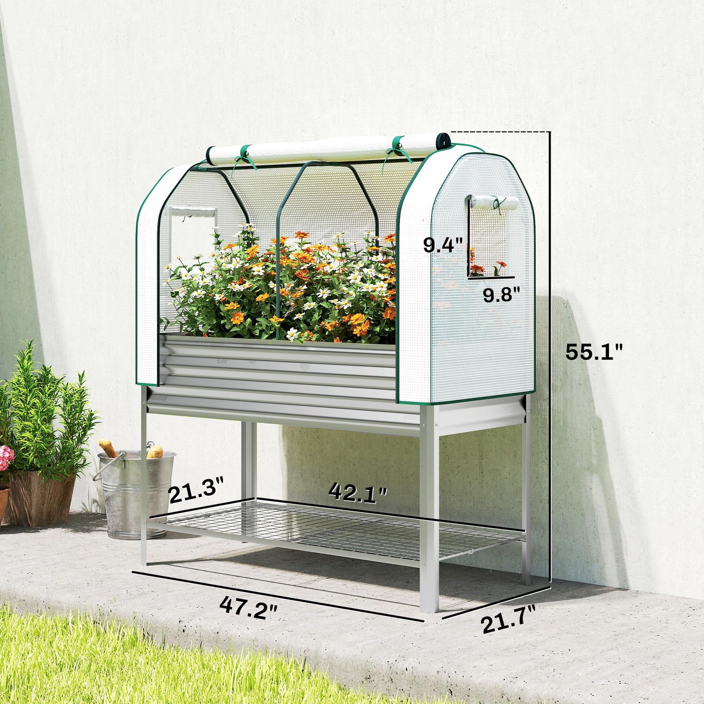 Outsunny Galvanised Raised Garden Bed with Greenhouse Cover, Metal Elevated Garden Bed with Legs, Bed Liner and Bottom Shelf, Outdoor Raised Planter Box for Vegetables, Herbs, Flowers, Silver