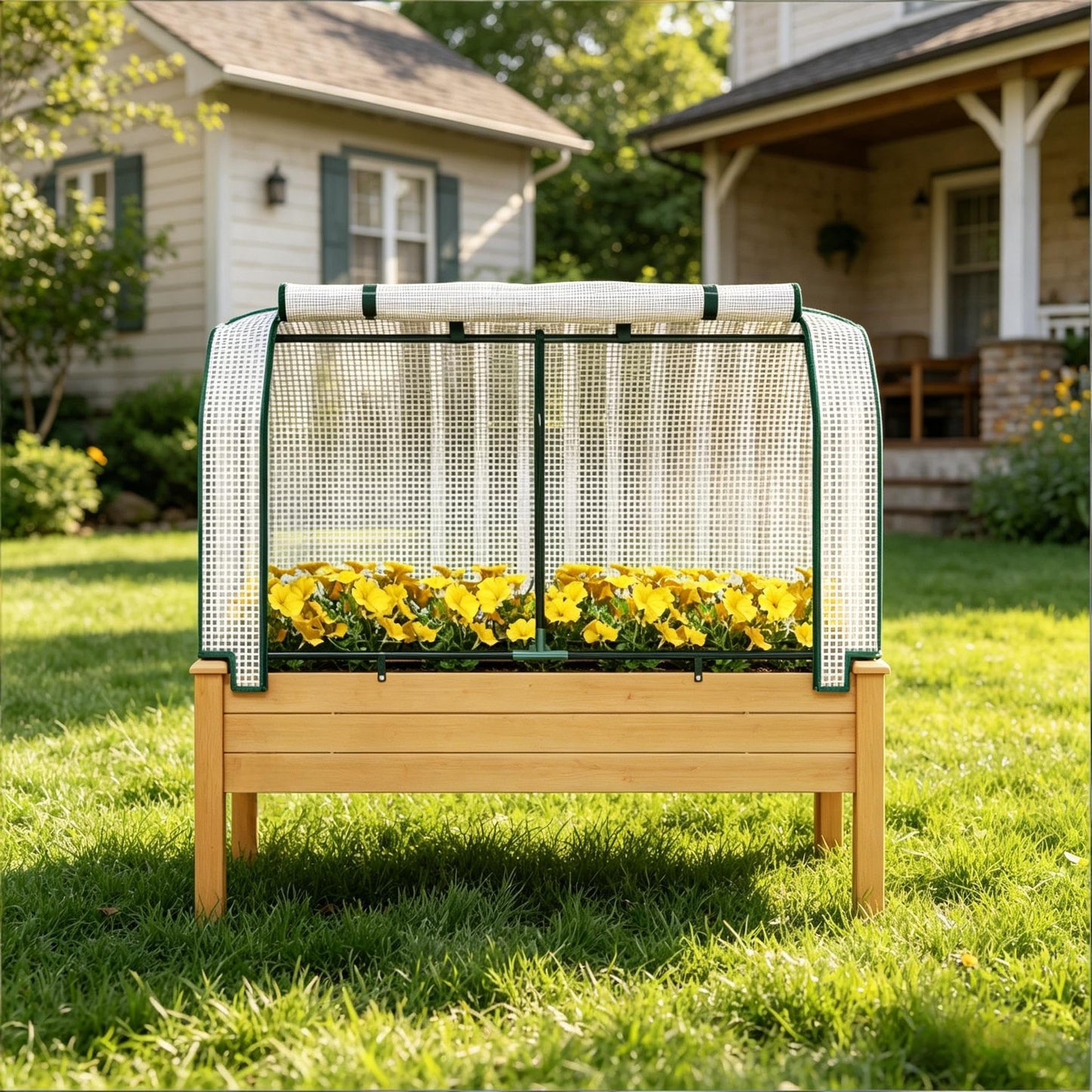 NOXJUQU Raised Garden Bed with Retractable Cover & Small Greenhouse, Elevated Wood Planter Box for Herbs Vegetables Flowers, Suitable for Patio Backyard Balcony Gardening