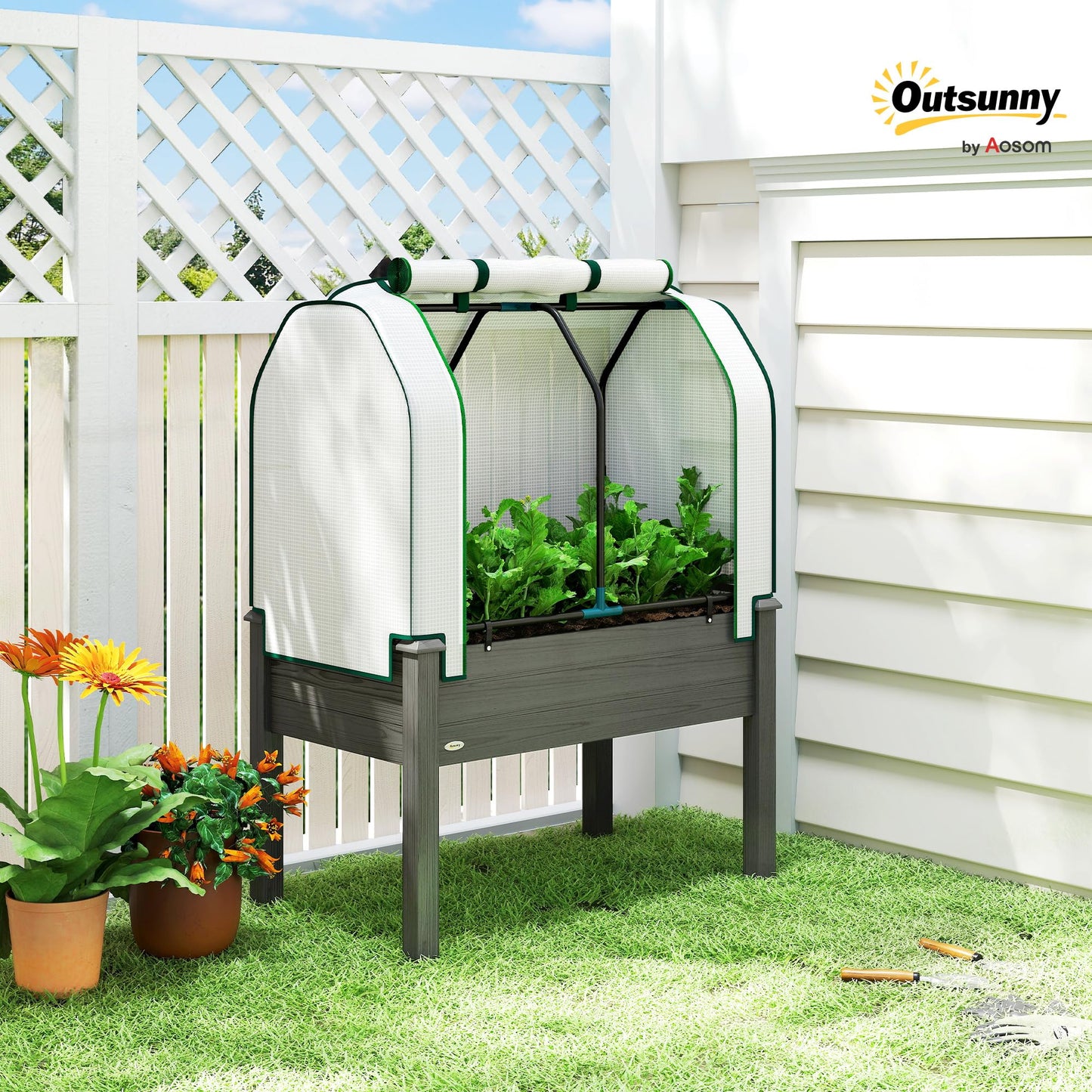 Outsunny Raised Garden Bed with PE Greenhouse Cover Outdoor Elevated Wood Planter Box for Herbs and Vegetables, Use for Patio, Backyard, Balcony, 35 x 22 x 47 inch, Dark Gray