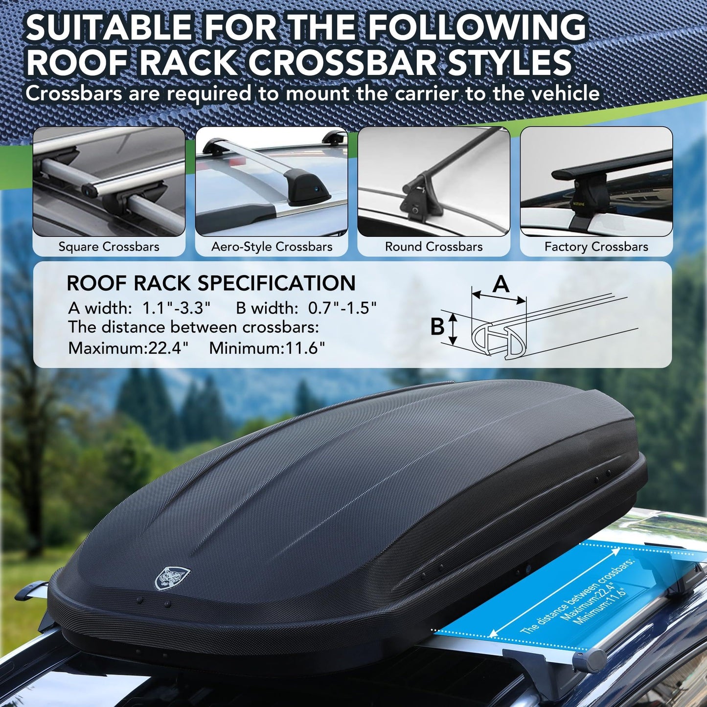 Rooftop Cargo Box Carrier for Car Storage, 12 Cubic Ft Car Top Mount Aero Hard Shell Dual-Side Opening, 165 LBS Weight Capacity Weatherproof Roof Mount Travel Luggage Storage, Secure Straps & Keys