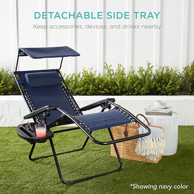 Best Choice Products Folding Zero Gravity Outdoor Recliner Patio Lounge Chair w/Adjustable Canopy Shade, Headrest, Side Accessory Tray, Textilene Mesh - Sunflower Yellow