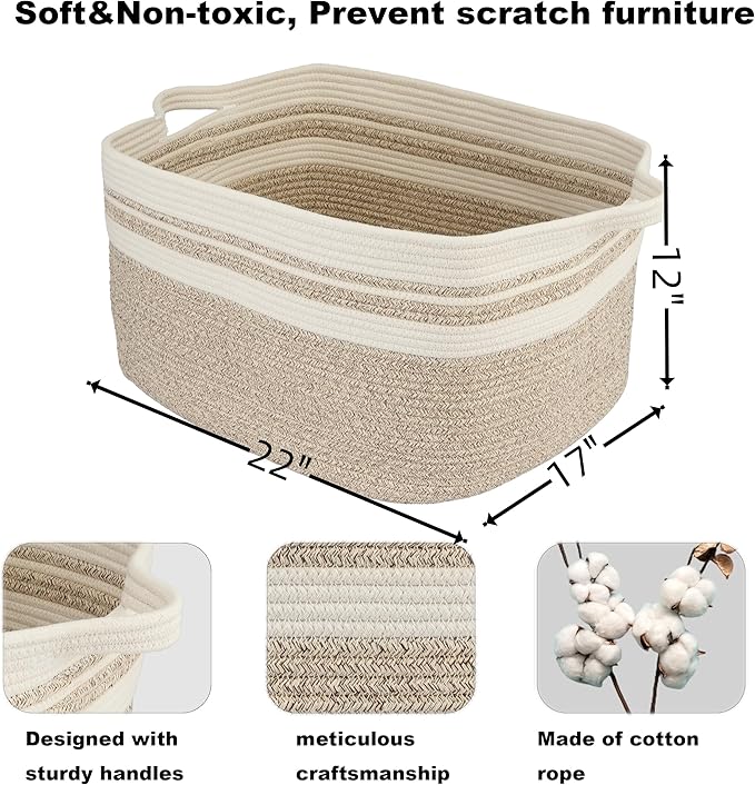 Large Rectangle Blankets Basket Living Room 22"x17"x12" Woven Cotton Rope