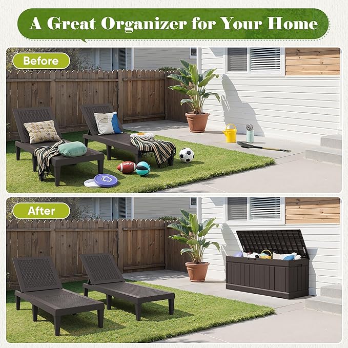 Flamaker Outdoor Storage Box 80 Gallon Resin Waterproof Deck Box Delivery Box with Wood Texture Large Storage Bin for Patio Cushions (Brown)