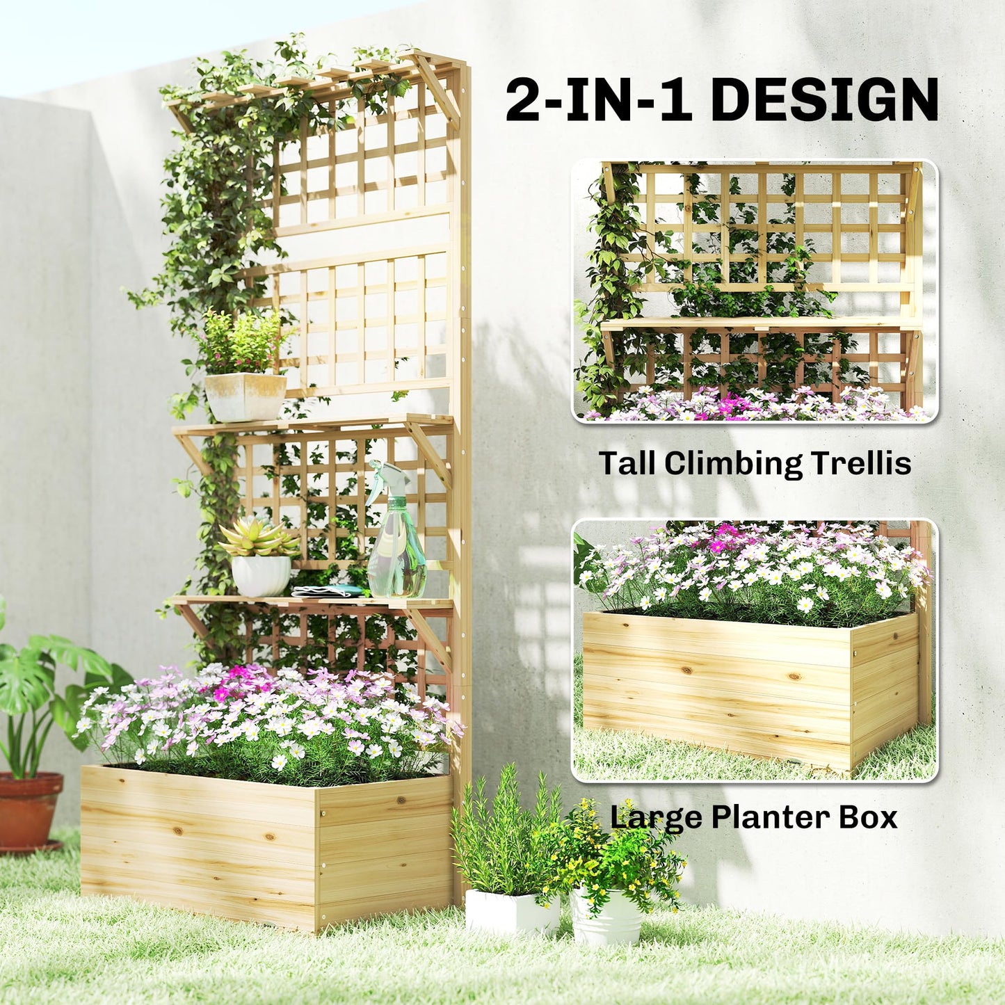 Outsunny Wooden Raised Garden Bed with Trellis and Roof, Elevated Outdoor Planter Box with 2 Shelves, Drainage Hole and Liner for Climbing Plants Vegetables Flowers, Natural