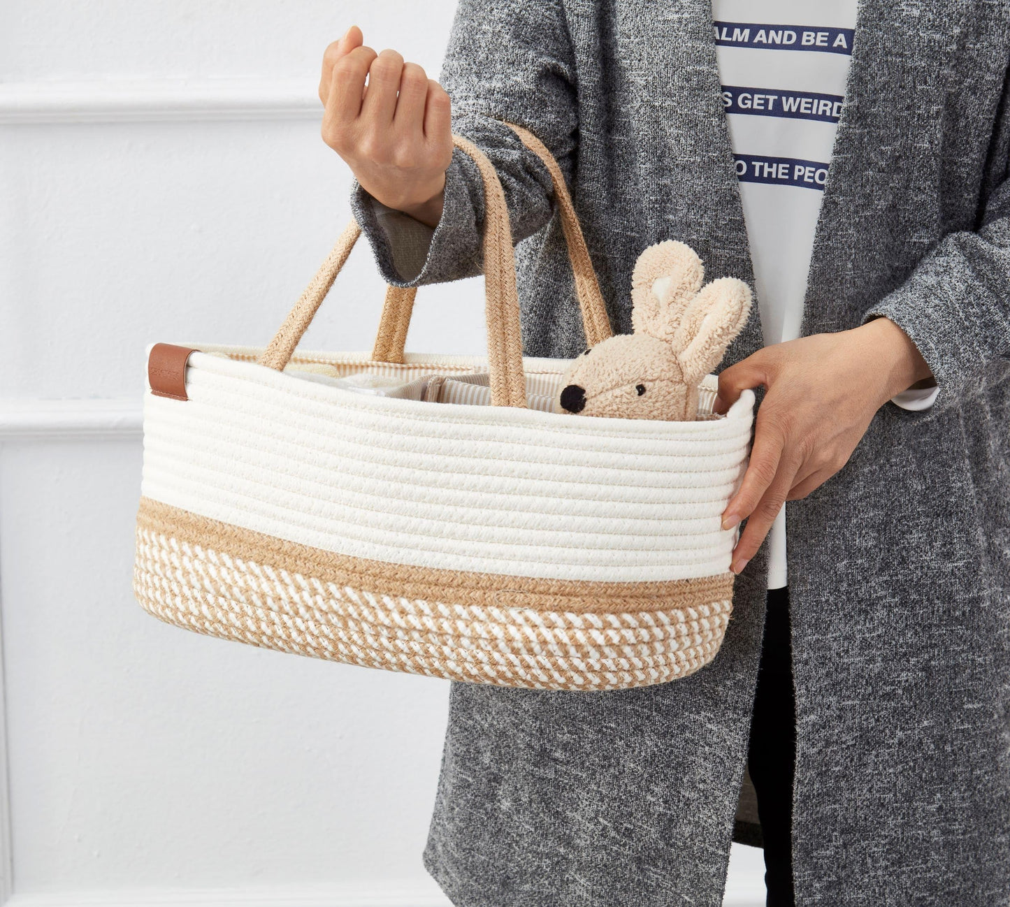 DECOMOMO Baby Caddy Organizer, Diaper Caddy Basket, Baby Baskets for Baby Shower (Spiral Beige & White, Large)