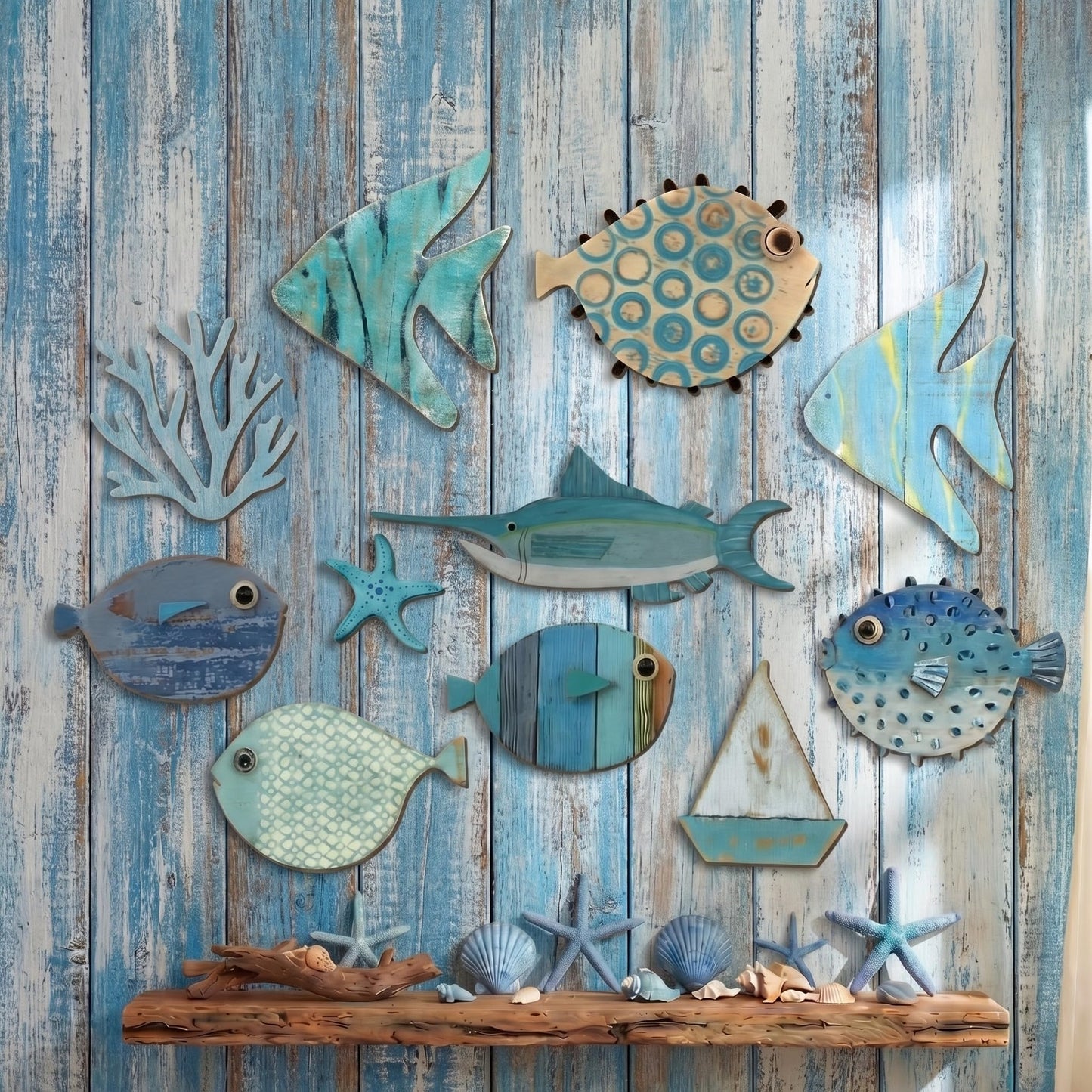 Yuntau 10 Pcs Fish Wall Decor Wood School of Fish Wall Decor Beach Theme Bathroom Decoration Wooden Nautical Coastal Pictures Home Hanging Art Summer Coastal Gift